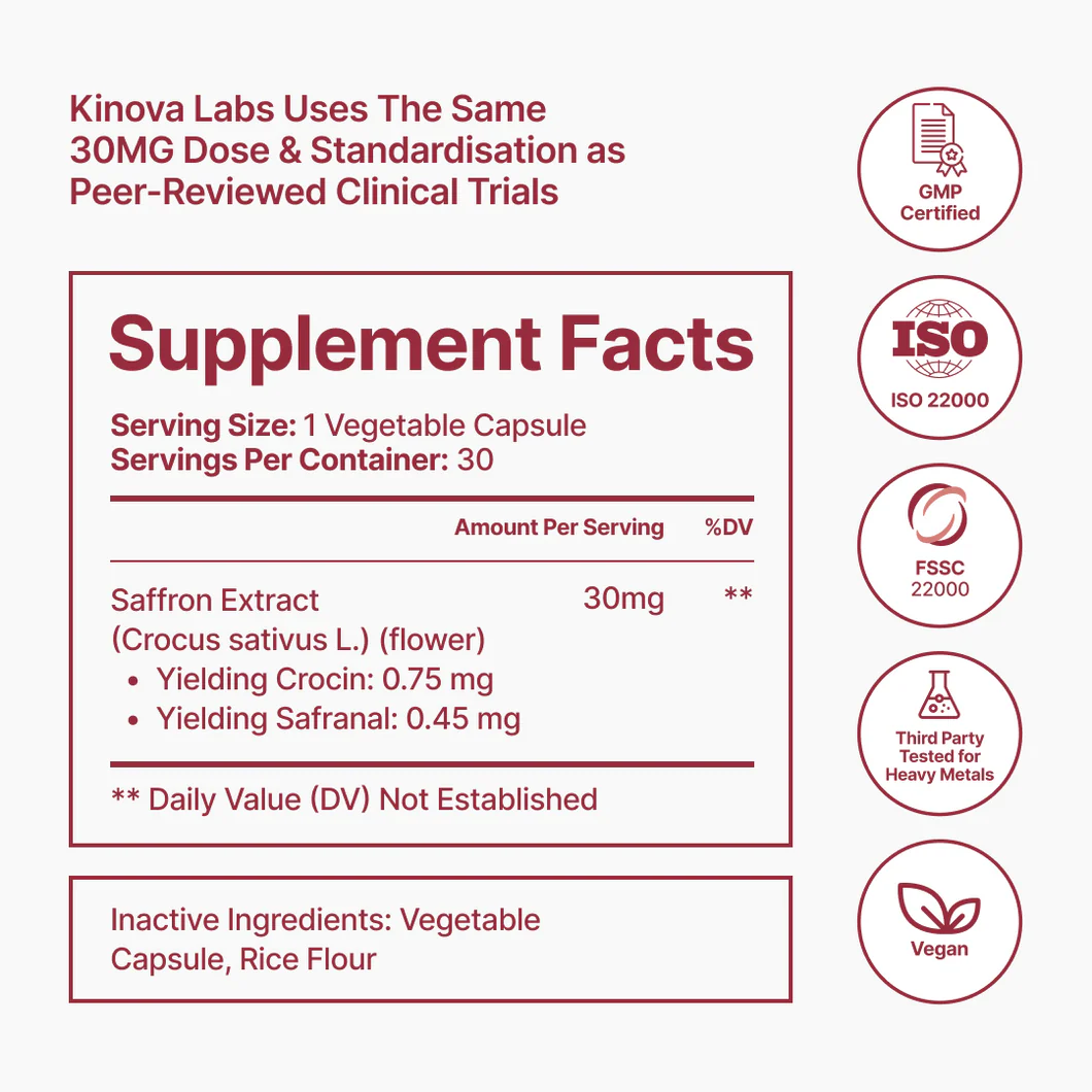 Kinova Labs Pure Saffron Extract Capsules with Crocin & Safranal